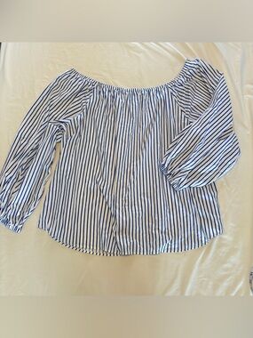 Ashley Stewart White & Blue Stripped Off Shoulder Balloon Sleeves Top Size 26/28